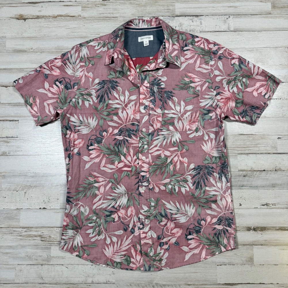 NWOT SUN + STONE Men's‎ Short Sleeve Button Up Shirt Tropical Leaf Print Size M